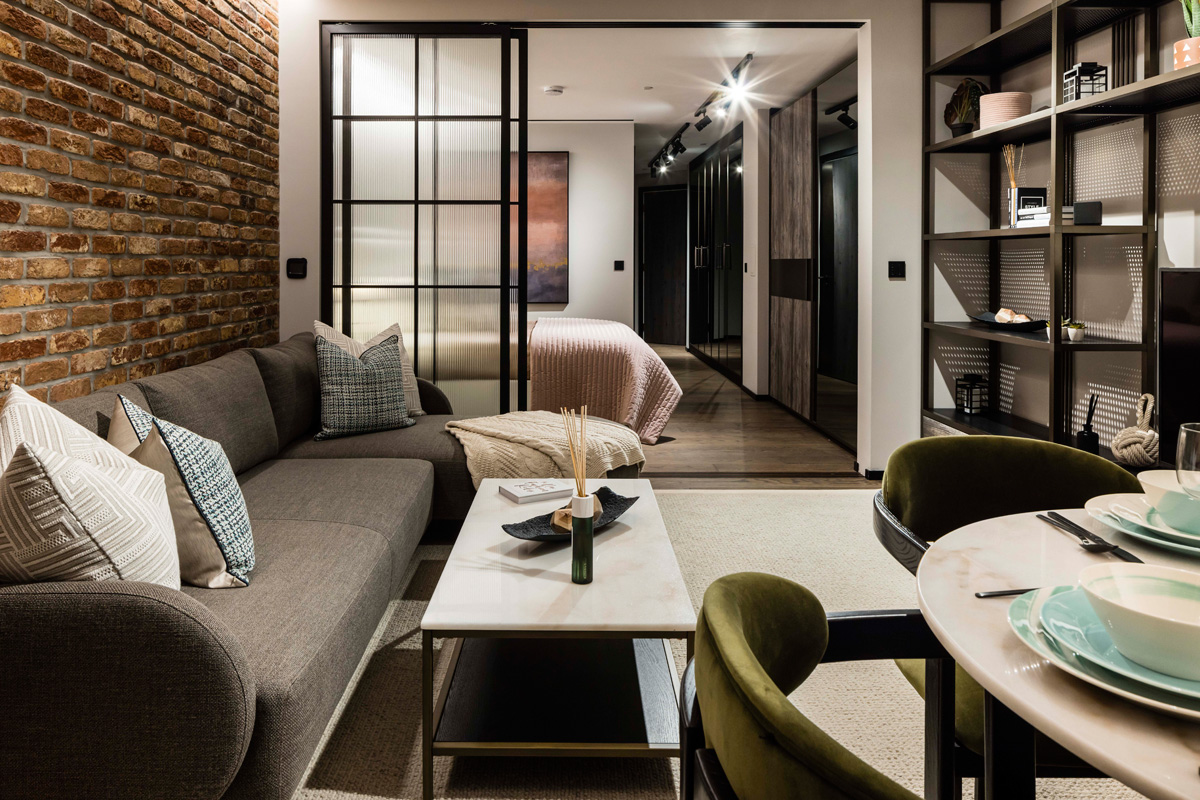 The Stage Shoreditch, Studio Apartment, crittall doors separating living and sleeping areas