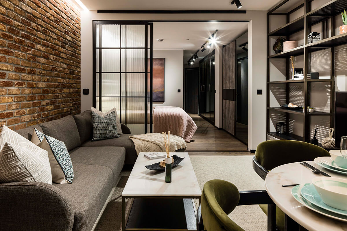 The Stage Shoreditch, Studio Apartment, crittall doors separating living and sleeping areas
