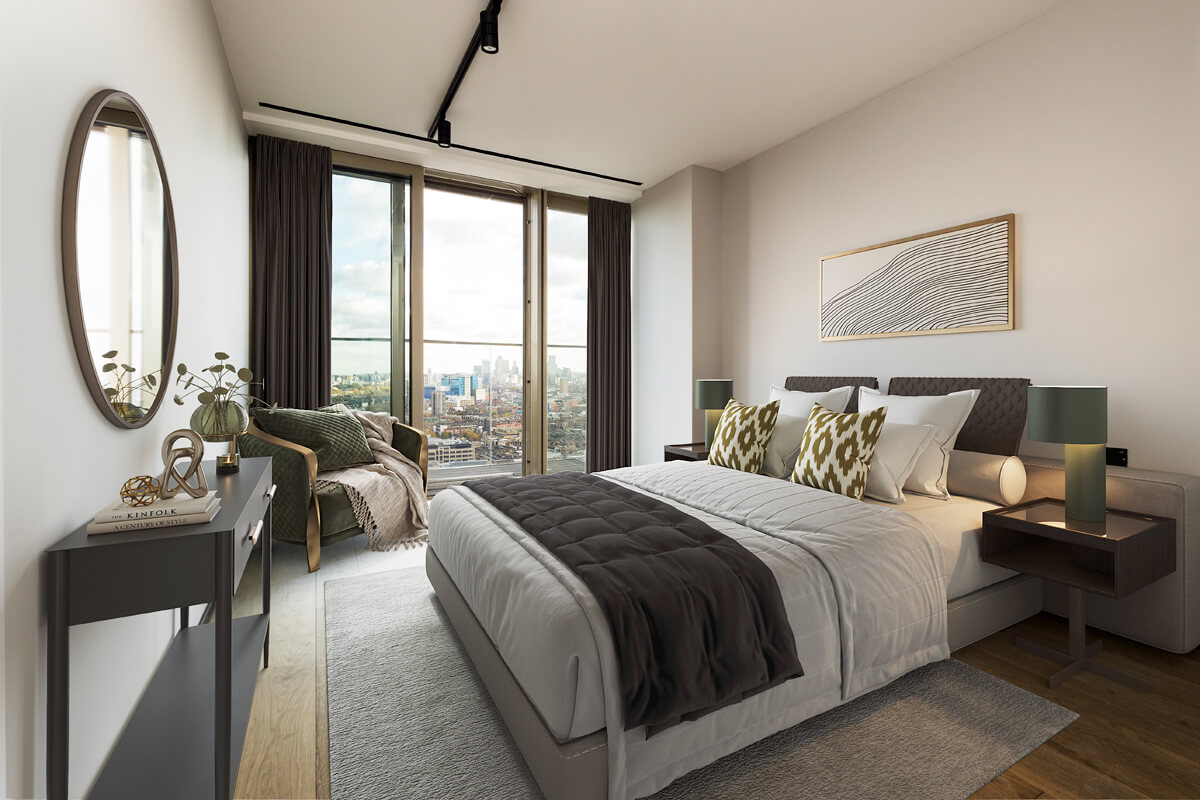 Bedroom at The Stage. Luxury Apartment, Shoreditch.