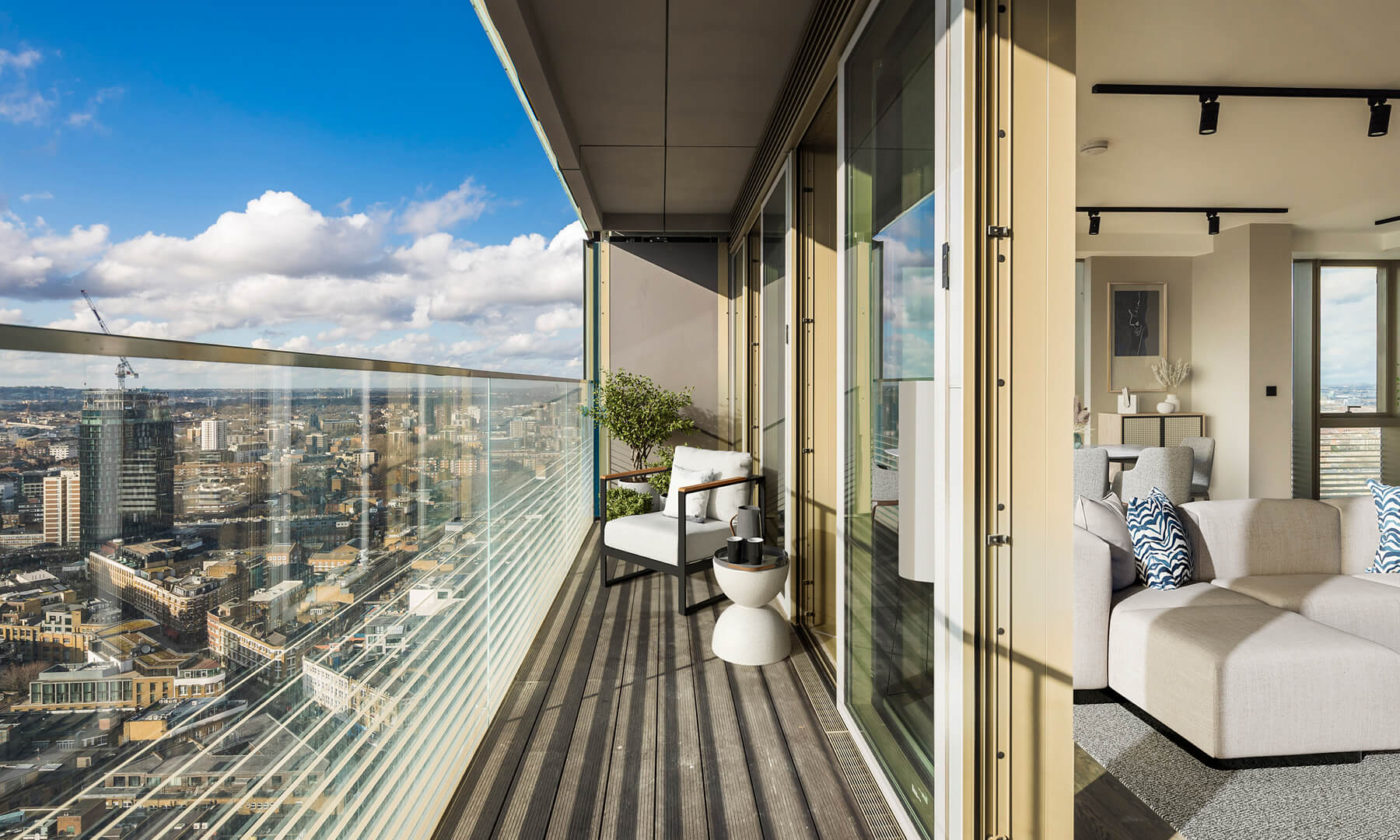 Balcony views at The Stage, Shoreditch. Two Bedroom, Luxury Apartment.