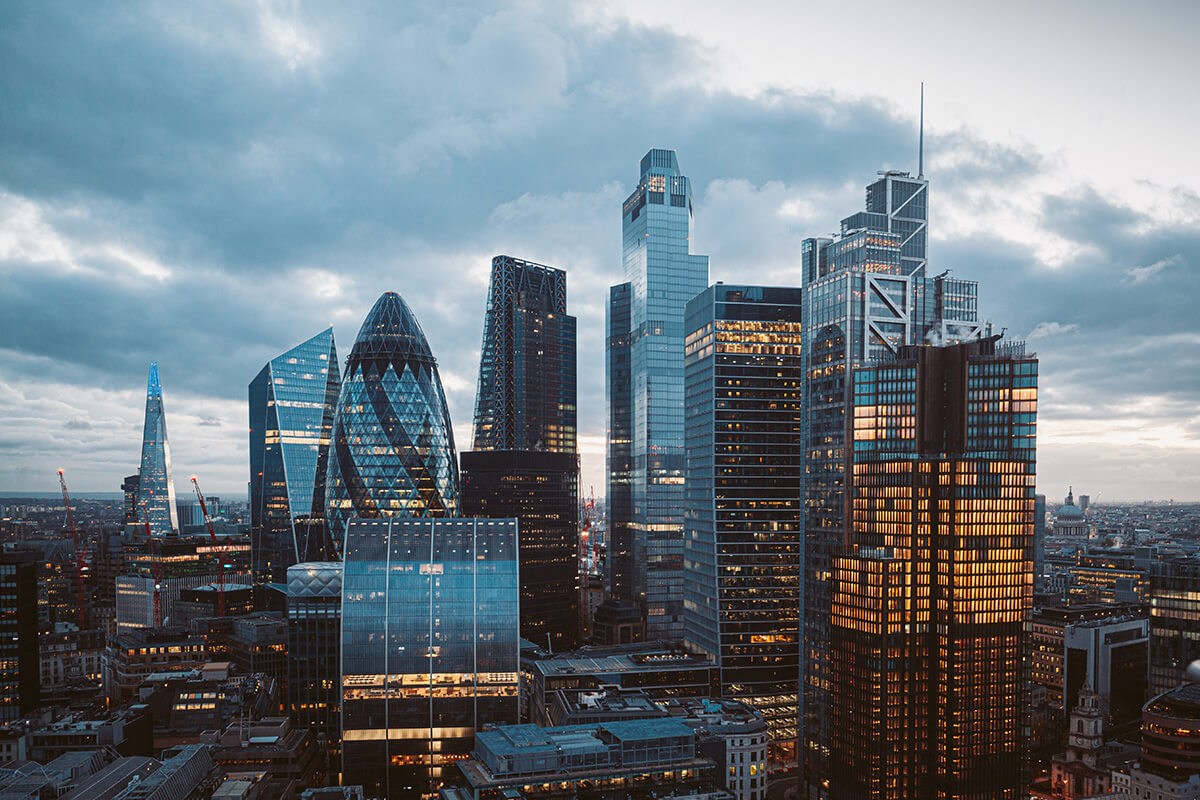 Aerial panoramic view of The City of London