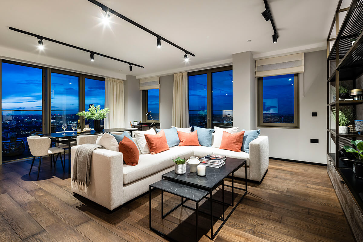 Living and dining room at The Stage Apartments in Shoreditch