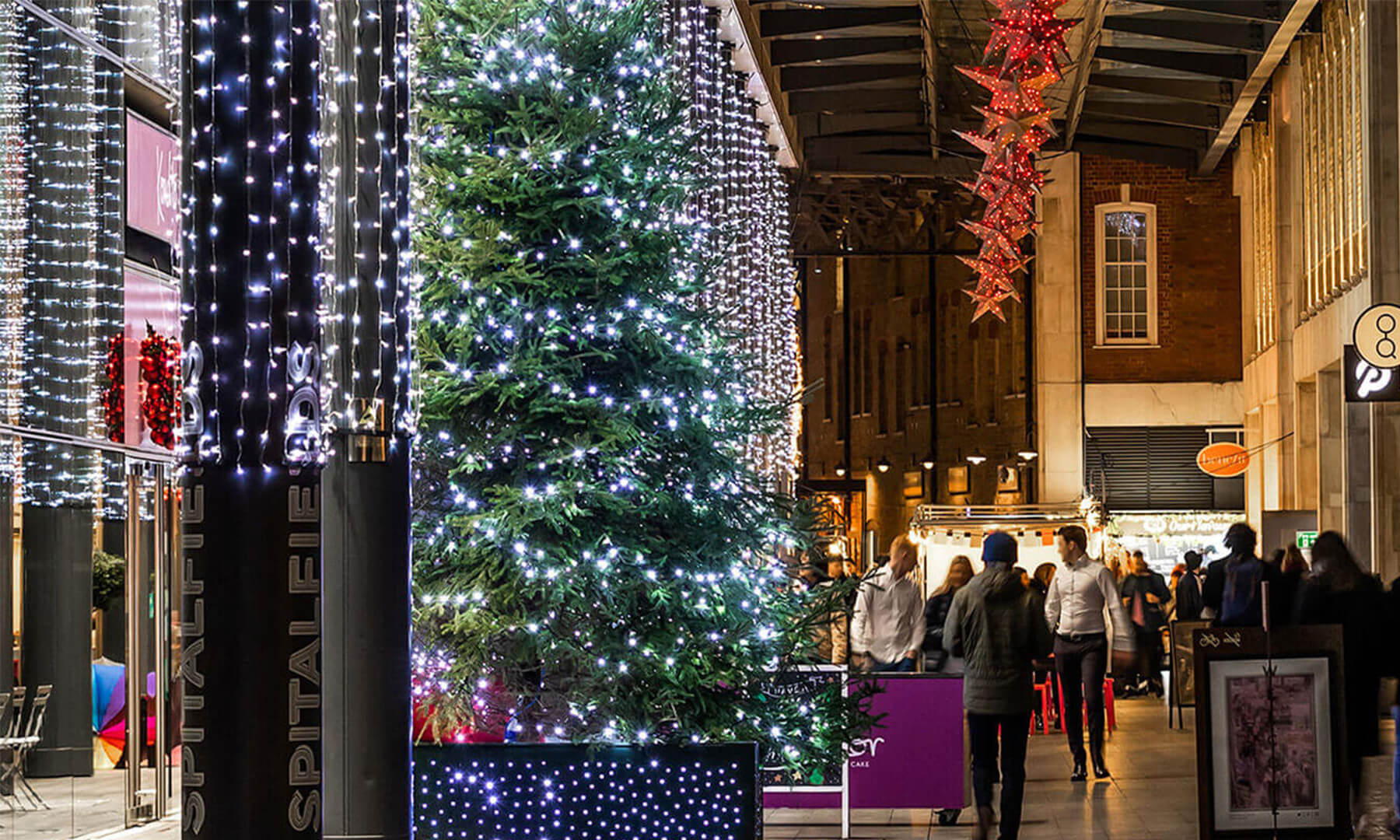 Christmas lights in Spitalfields Market during winter in Shoreditch