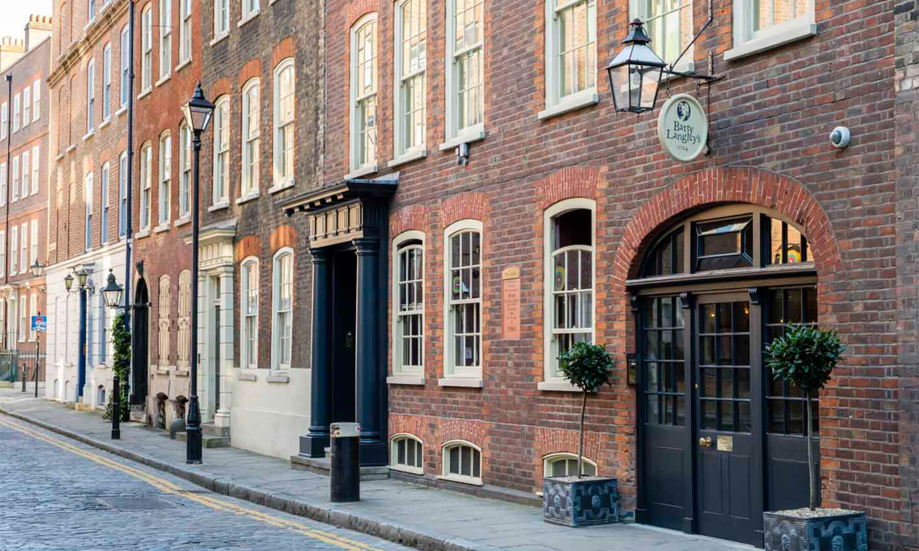 Red brick buildings lining a Shoreditch street