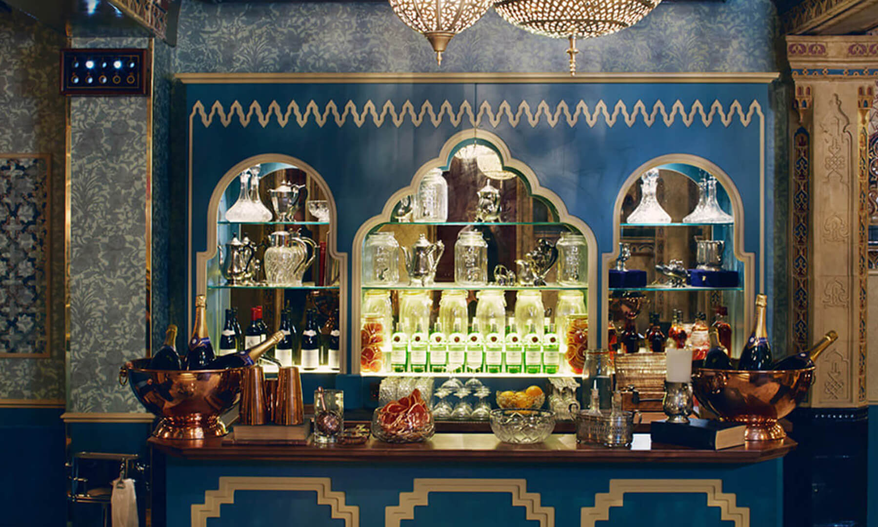 The decadent bar area at Victorian Bath House in Shoreditch