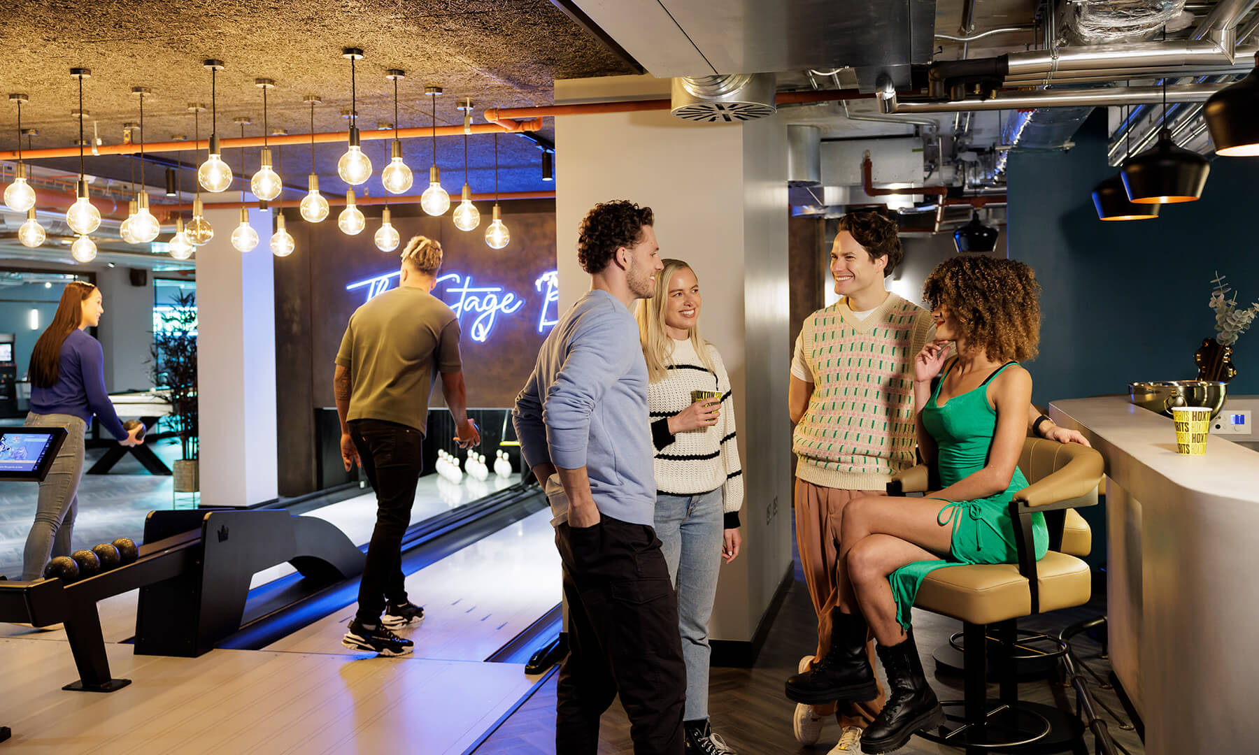 Residents in the bowling alley at The Stage, Shoreditch