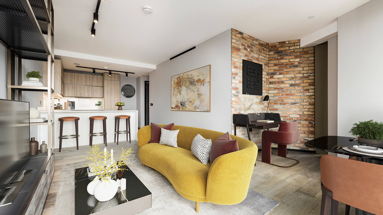 Open-plan living / dining room and kitchen at Apartment 608 The Stage, furniture superimposed for illustrative purposes only, ©Galliard Homes. Open-plan living / dining room and kitchen at Apartment 608 The Stage, furniture superimposed for illustrative purposes only, ©Galliard Homes.