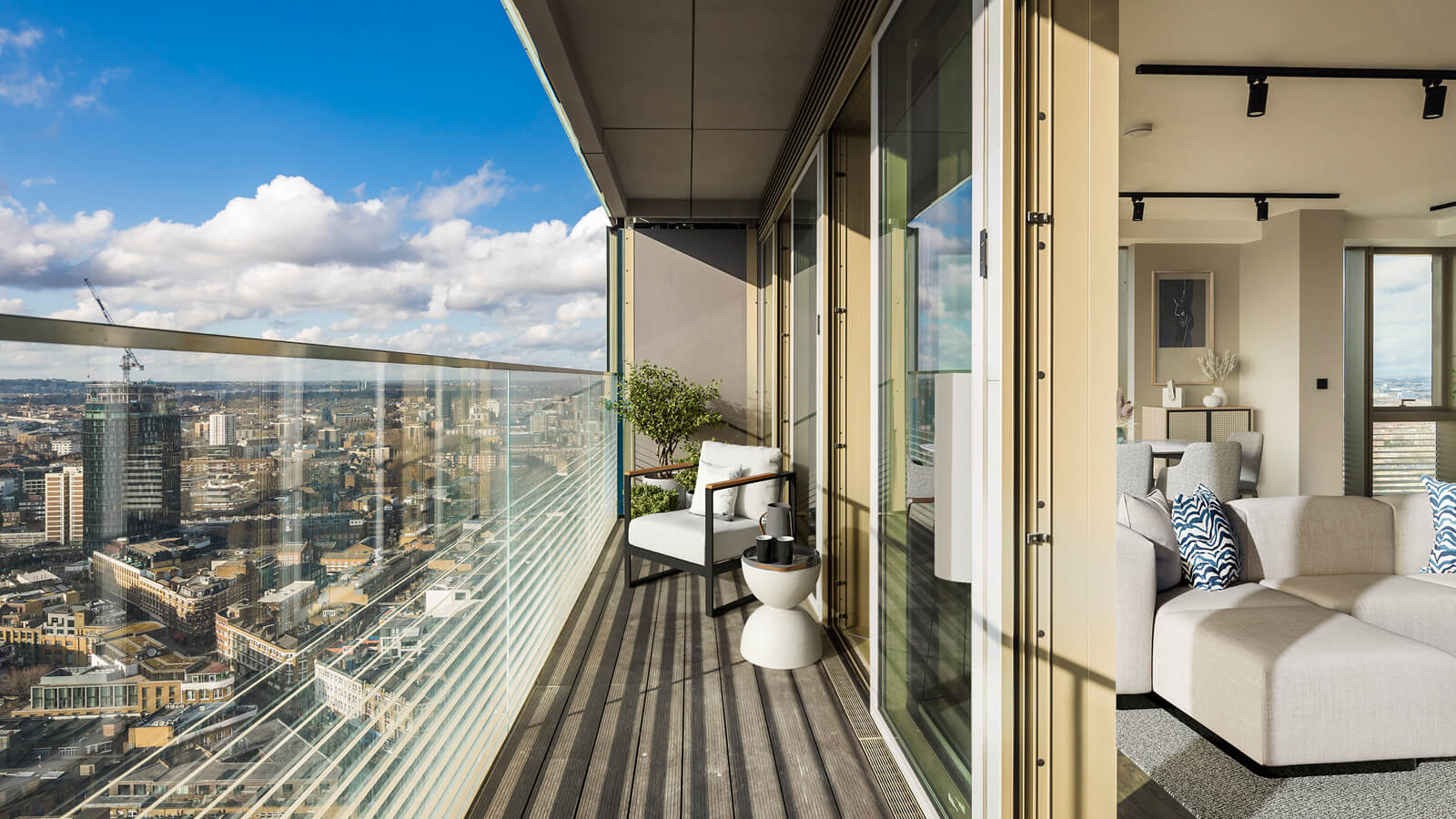 Terrace at a three-bedroom apartment at The Stage, furniture superimposed for illustrative purposes only, ©Galliard Homes.