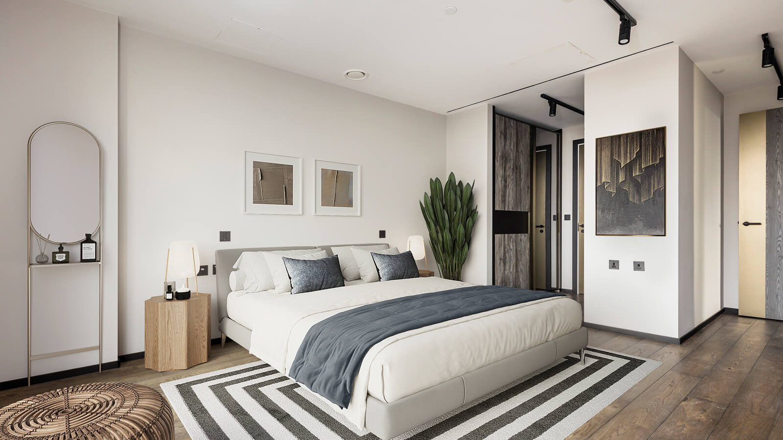 Principal bedroom at a three-bedroom apartment at The Stage, furniture superimposed for illustrative purposes only, ©Galliard Homes.