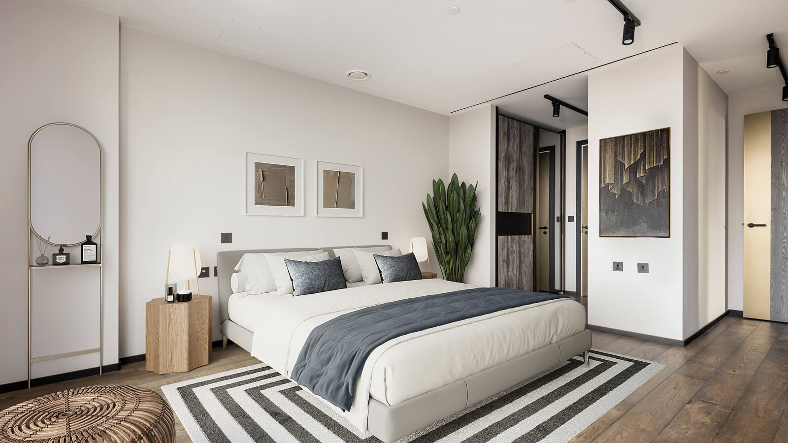 Principal bedroom at a three-bedroom apartment at The Stage, furniture superimposed for illustrative purposes only, ©Galliard Homes. Principal bedroom at a three-bedroom apartment at The Stage, furniture superimposed for illustrative purposes only, ©Galliard Homes.
