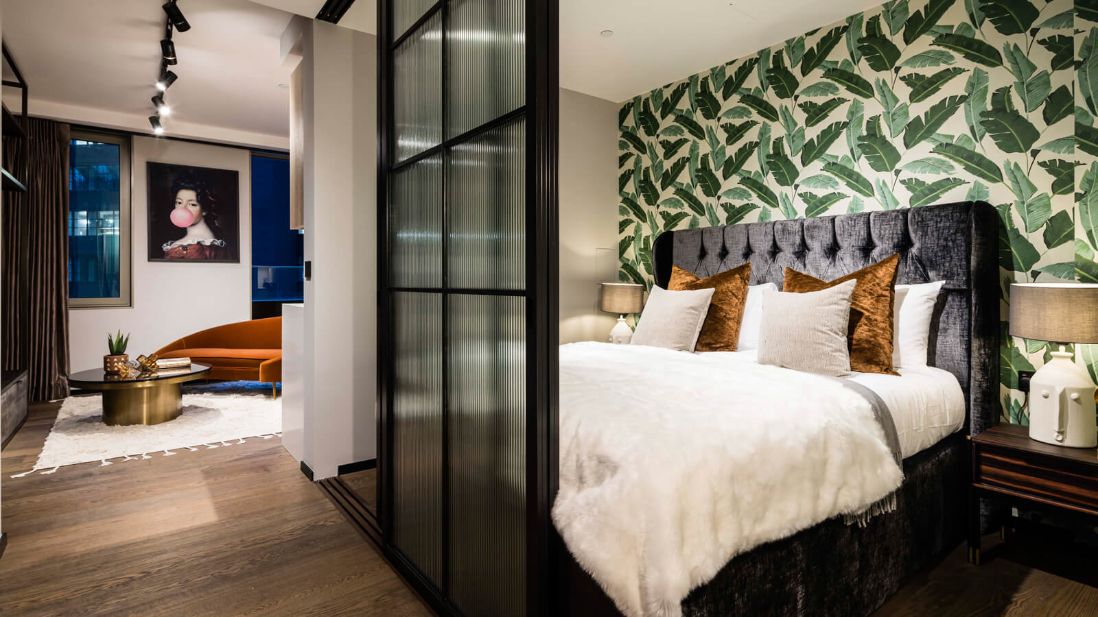 Bedroom area in a studio suite at The Stage, ©Galliard Homes.