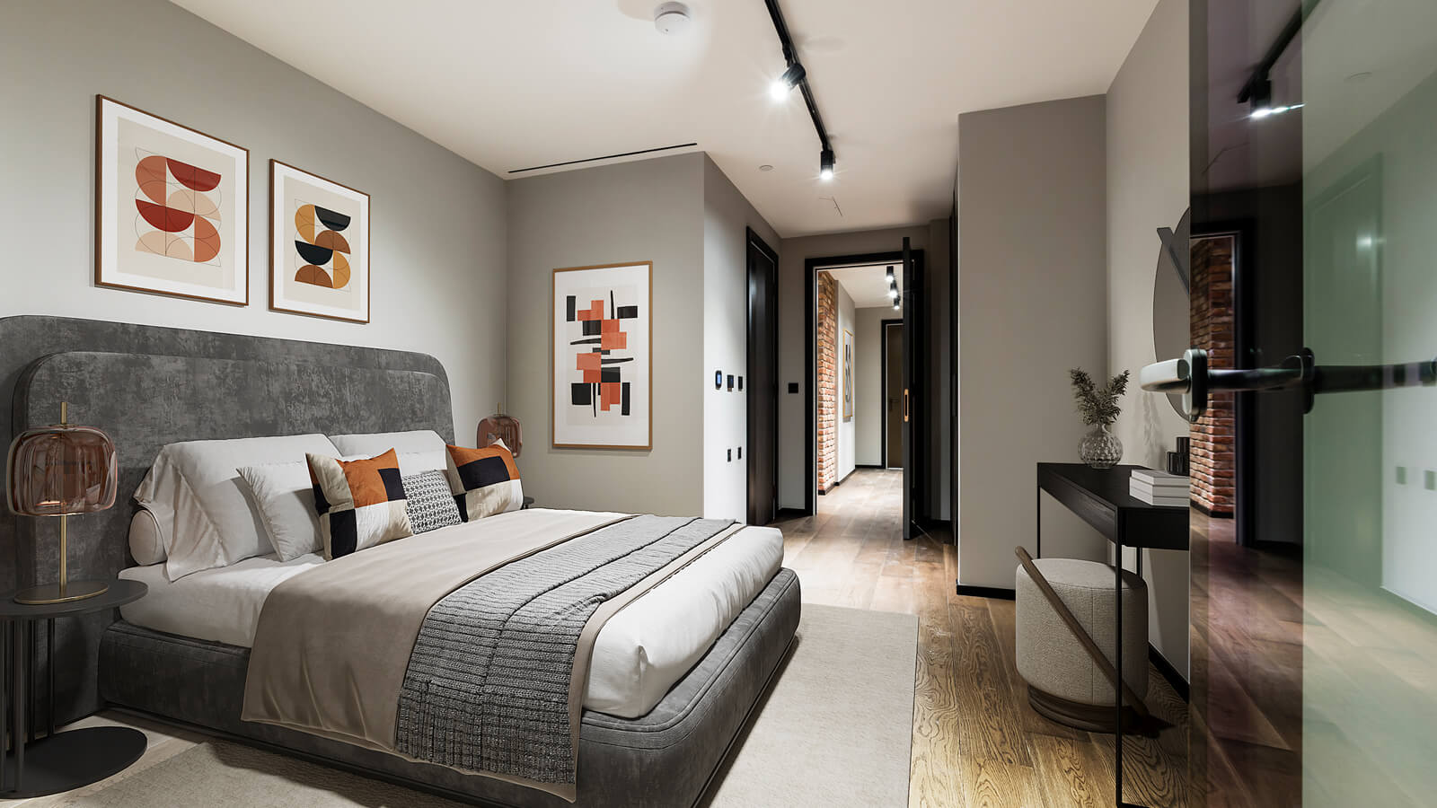 Principal bedroom at Apartment 1412 The Stage, furniture superimposed for illustrative purposes only, ©Galliard Homes. Principal bedroom at Apartment 1412 The Stage, furniture superimposed for illustrative purposes only, ©Galliard Homes.