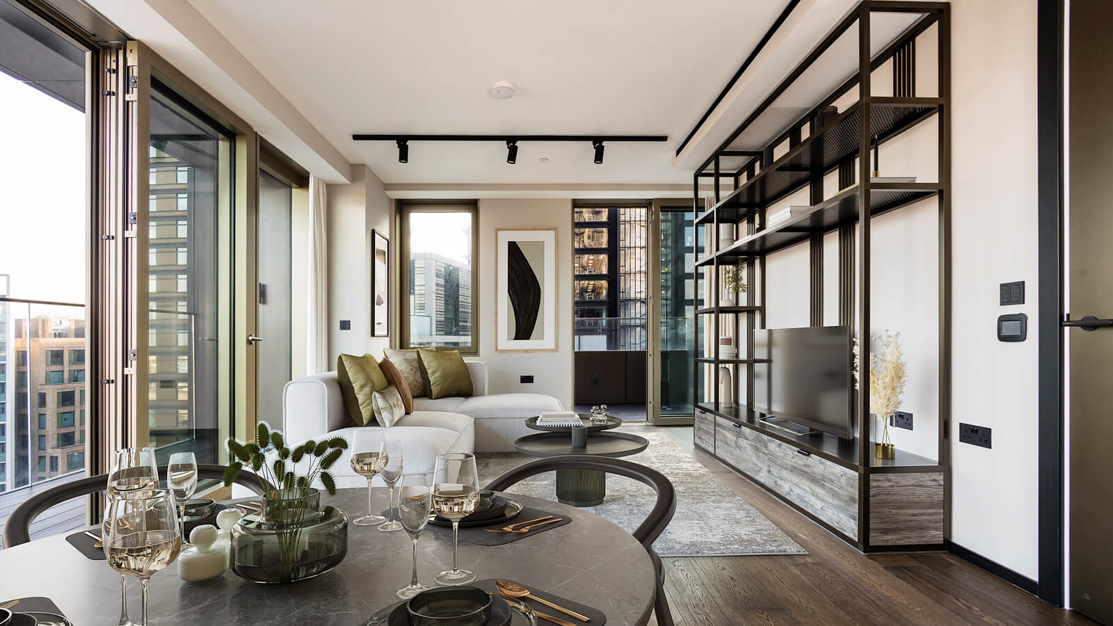 Living and dining room at a two-bedroom apartment at The Stage, furniture superimposed for illustrative purposes only, ©Galliard Homes. Living and dining room at a two-bedroom apartment at The Stage, furniture superimposed for illustrative purposes only, ©Galliard Homes.