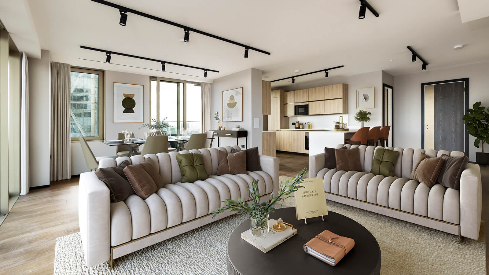 Living room and kitchen of a three-bedroom apartment at The Stage, furniture superimposed for illustrative purposes only, ©Galliard Homes.