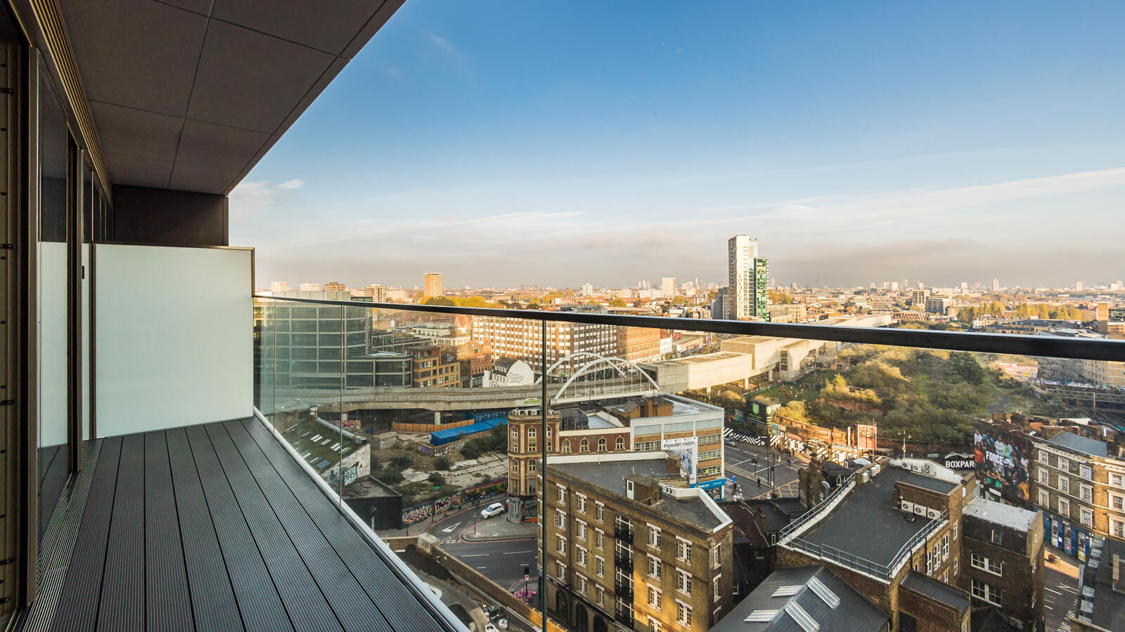 Terrace with actual view from Apartment 1104 The Stage, ©Galliard Homes.