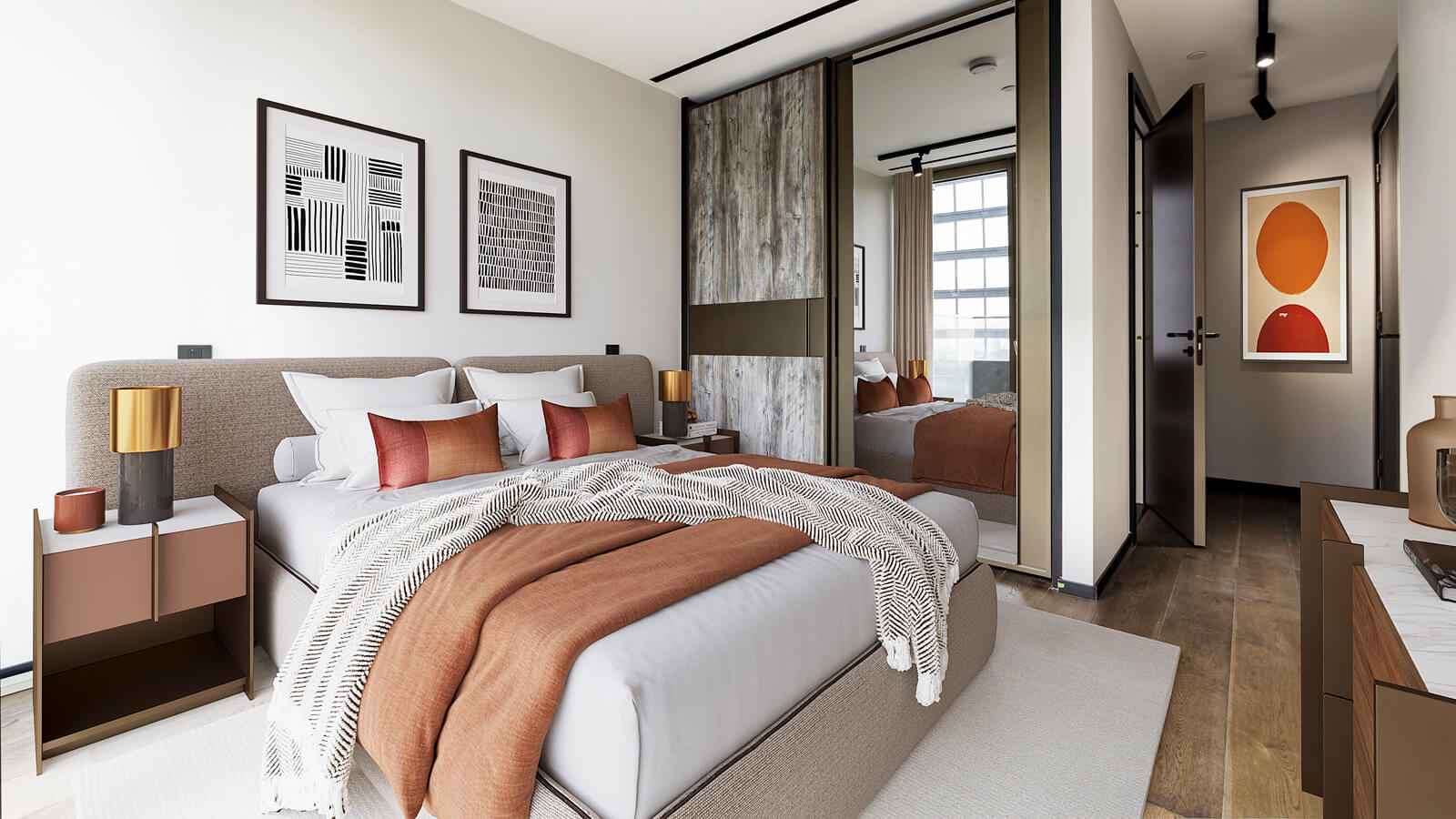 Principal bedroom at Apartment 1104 The Stage, furniture superimposed for illustrative purposes only, ©Galliard Homes.