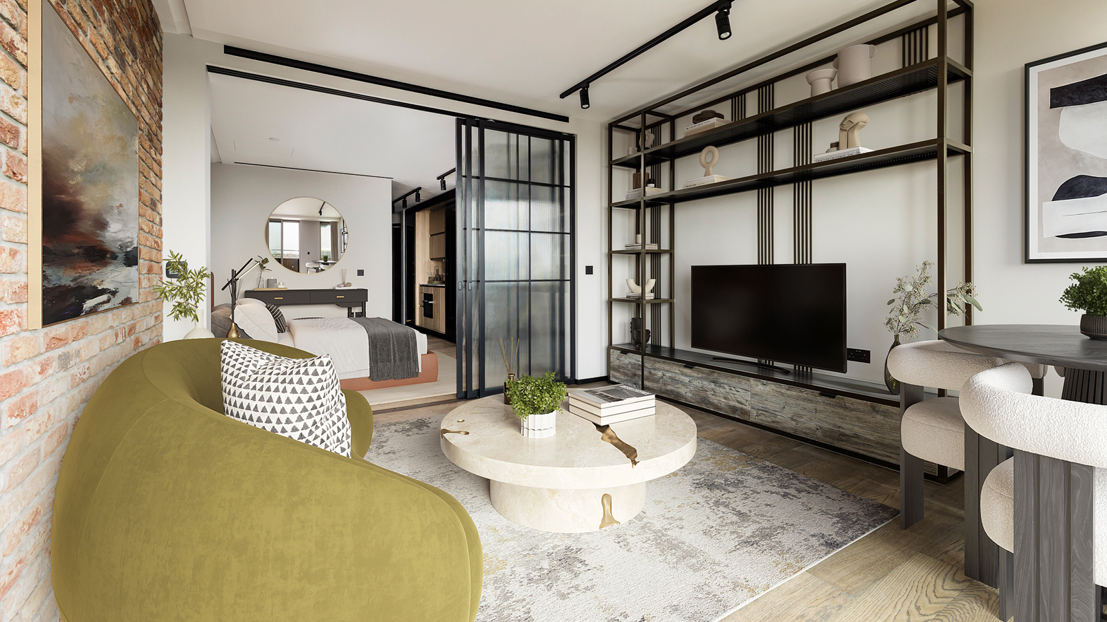 Open-plan living / dining and bedroom areas at Apartment 810 The Stage, furniture superimposed for illustrative purposes only, ©Galliard Homes.