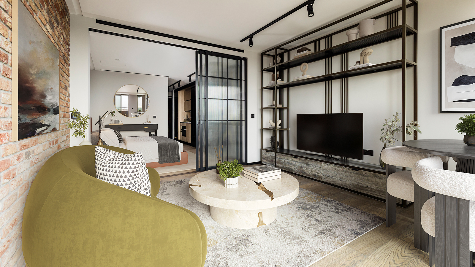 Open-plan living / dining and bedroom areas at Apartment 810 The Stage, furniture superimposed for illustrative purposes only, ©Galliard Homes. Open-plan living / dining and bedroom areas at Apartment 810 The Stage, furniture superimposed for illustrative purposes only, ©Galliard Homes.