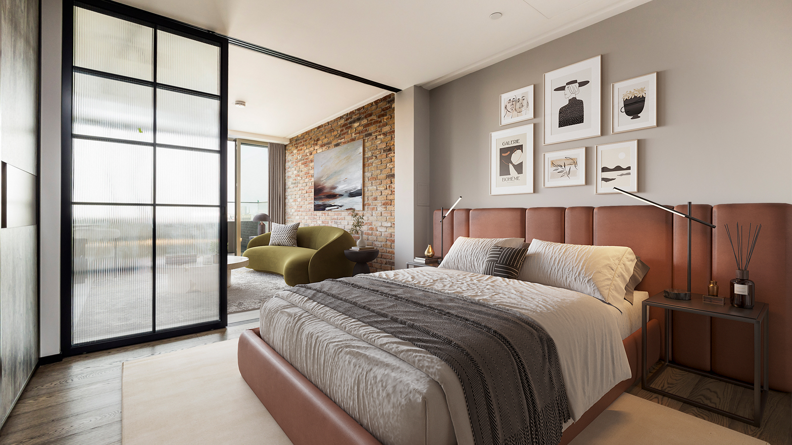 Bedroom and hallway at Apartment 810 The Stage, furniture superimposed for illustrative purposes only, ©Galliard Homes.
