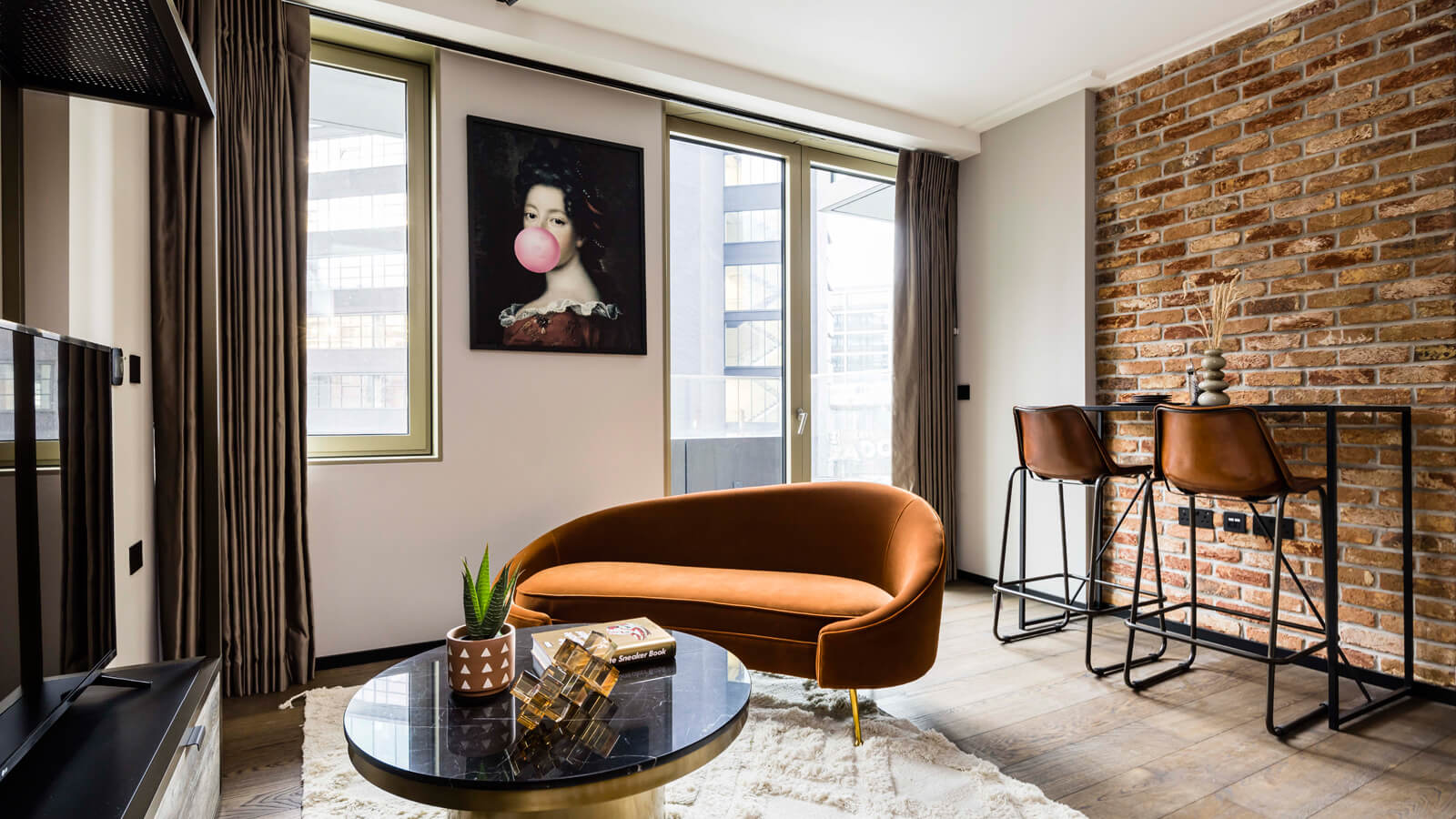 Living room in a studio suite at The Stage, ©Galliard Homes. Living room in a studio suite at The Stage, ©Galliard Homes.